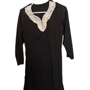 Black Tunic Dress Embellished Neckline 3/4 Sleeve‎ Casual